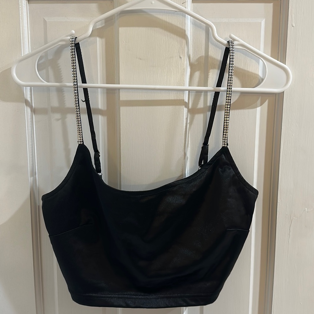 Black Satin Crop Top w/ Bejeweled Straps (S)